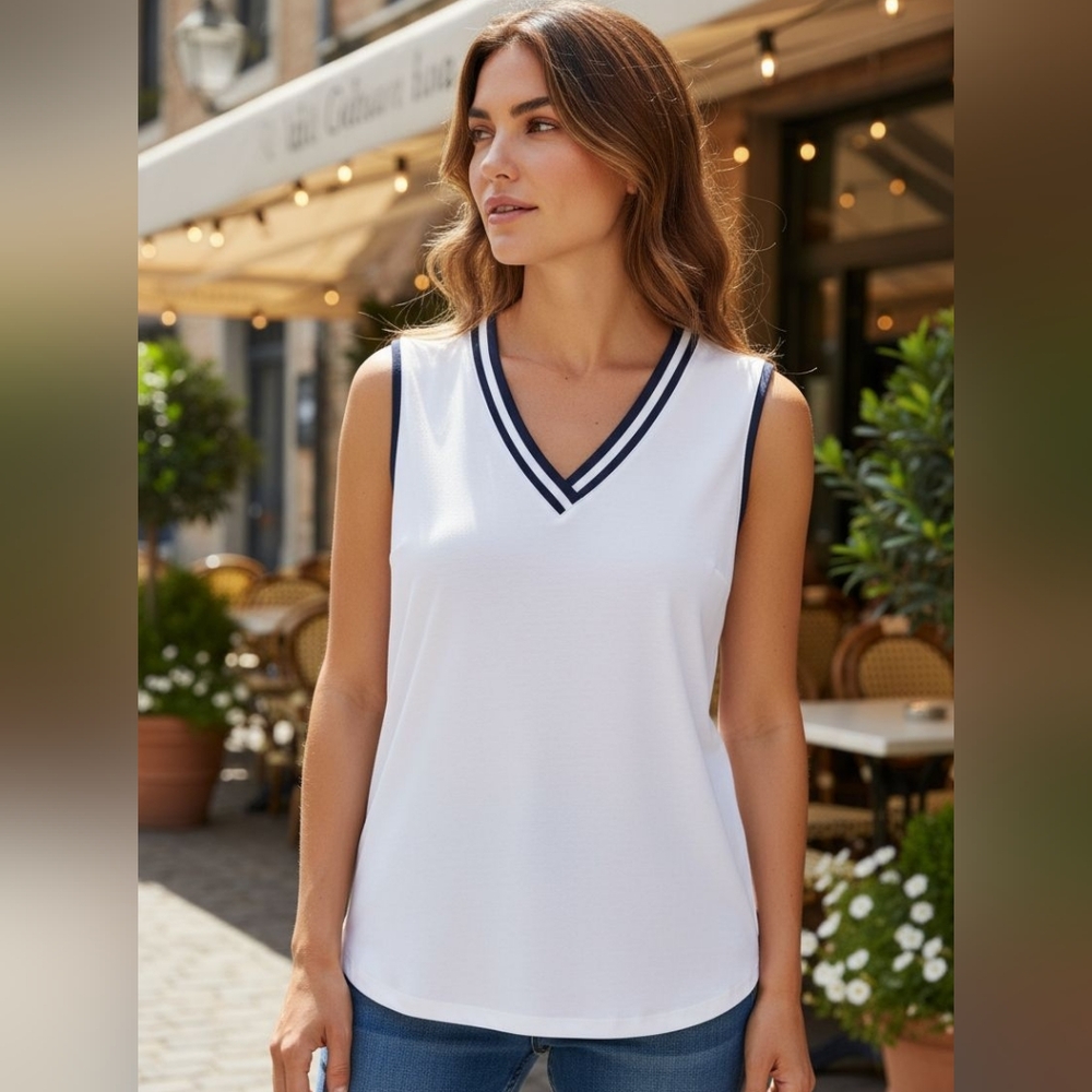 White Sleeveless V-Neck Top with Black Trim